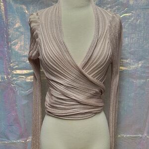 Elegant Wrap-Style Ribbed Top in Shimmering Pink